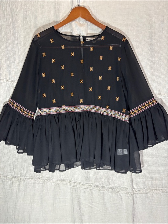 Chelsea & Violet Tops - Chelsea & Violet Black Ruffled Peplum Blouse with Gold Embroidery Bell Sleeves
